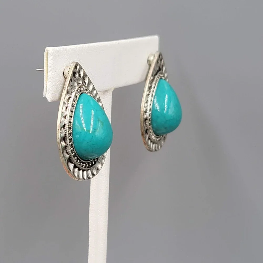 Teardrop Pierced Earrings Silver tone Blue Accent 1.25" - Picture 2 of 7